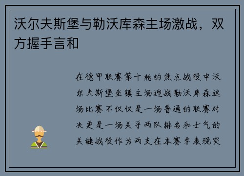 沃尔夫斯堡与勒沃库森主场激战，双方握手言和